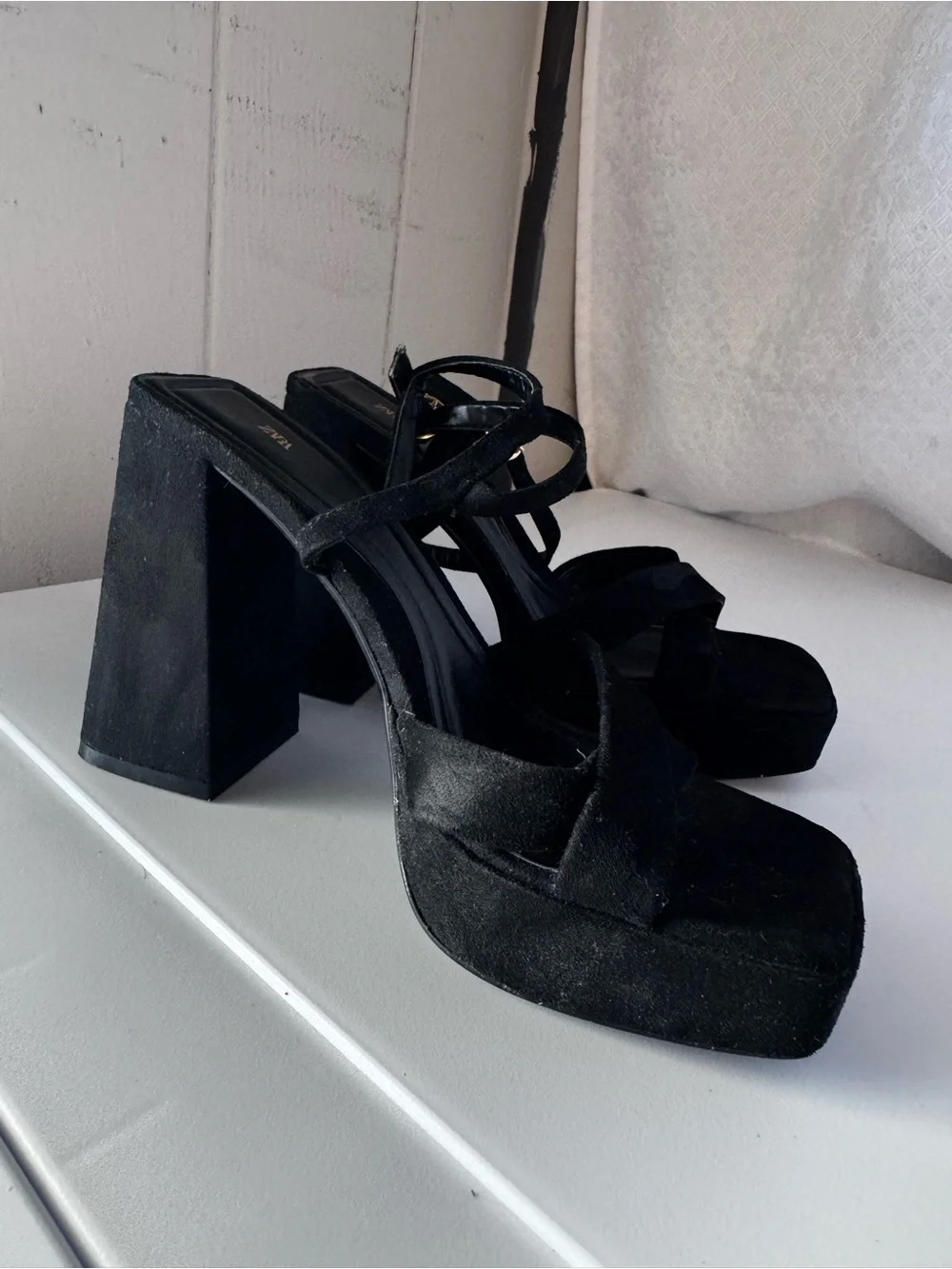 Zara Black Platform Block Heel Sandals with Ankle Strap